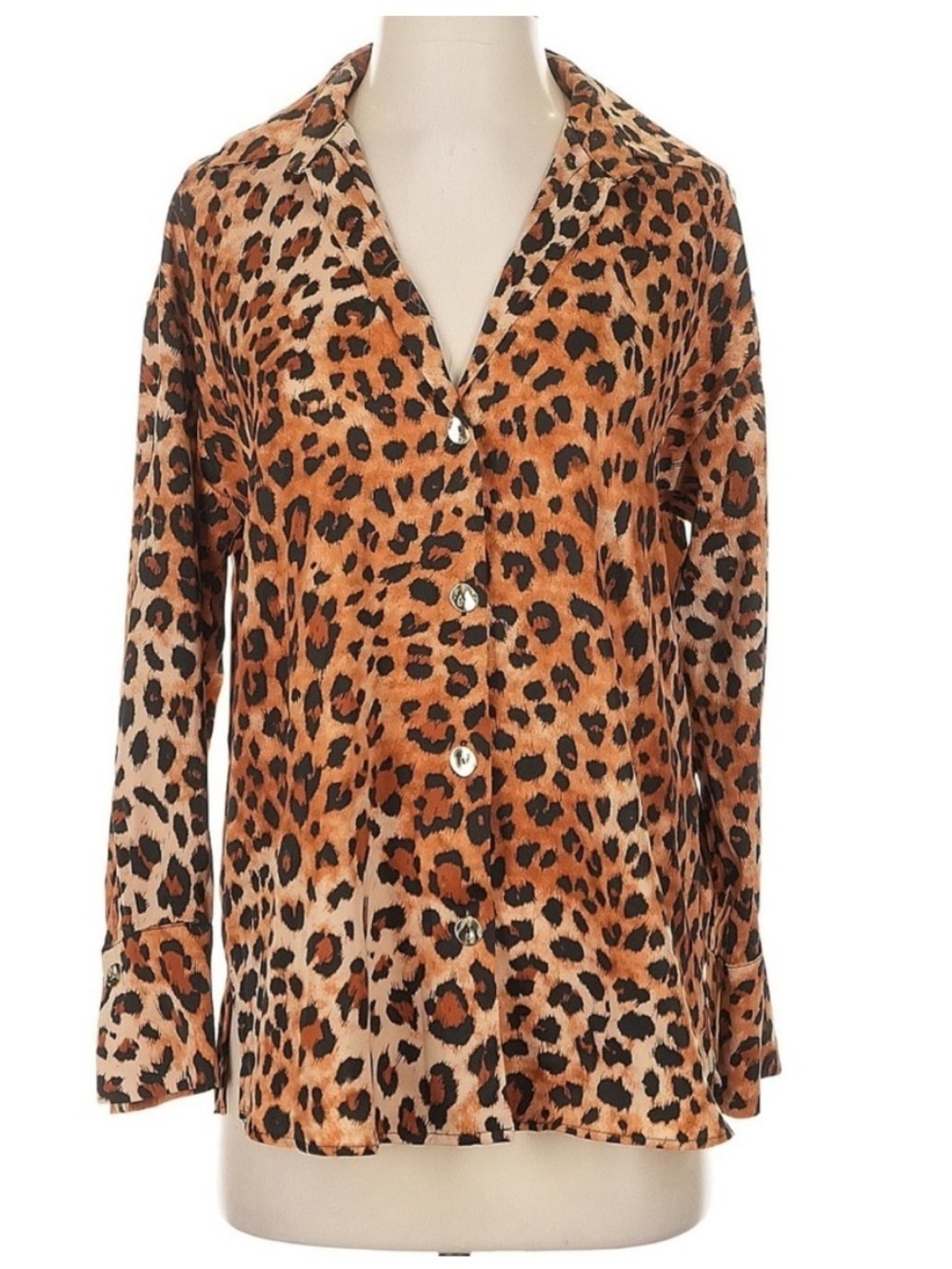 Zara Satin Leopard Print Button Down Blouse Brown Black Long Sleeve Women XS NWT
